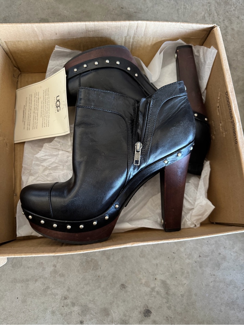 UGG Black Leather Studded Platform Heeled Booties